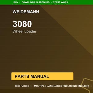 May include: A digital document with a brown and gold background. The text reads "WEIDEMANN 3080 Wheel Loader" and "PARTS MANUAL". Additional text includes "1036 PAGES &bull; MULTIPLE LANGUAGES (INCLUDING ENGLISH) &bull; PDF". A green banner at the top says "BUY &bull; DOWNLOAD IN SECONDS &bull; START WORK".