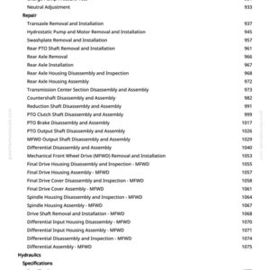 May include: A white page with a detailed list of mechanical repair procedures, including transaxle removal, axle assembly, and differential disassembly. The text is organized under headings like "Repair" and "Hydraulics."