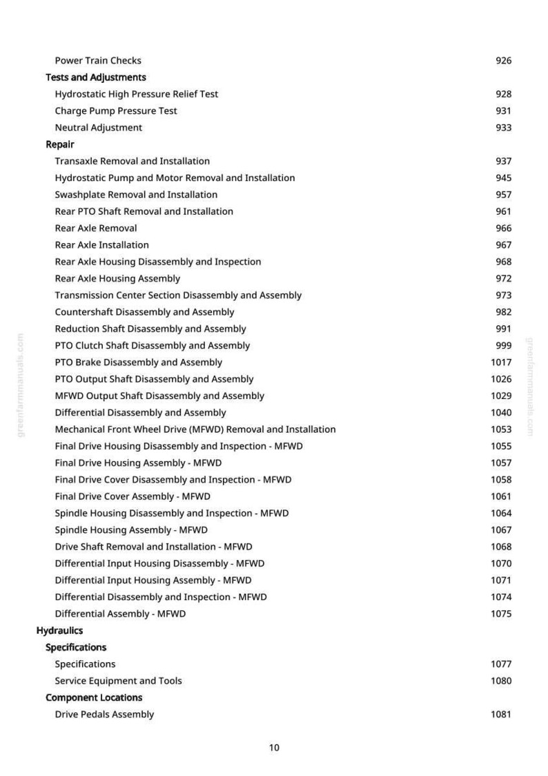 May include: A white page with a detailed list of mechanical repair procedures, including transaxle removal, axle assembly, and differential disassembly. The text is organized under headings like "Repair" and "Hydraulics."