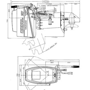 Op de afbeelding: Technische tekening van een Yanmar Diesel 27 scheepsmotor, met bovenaanzicht en zijaanzicht, afmetingen in millimeters. Inclusief afmetingen, hoeken en labels voor motoronderdelen. Getiteld "Hoofdstuk 1 Algemeen, 2. Buitenaanzicht."