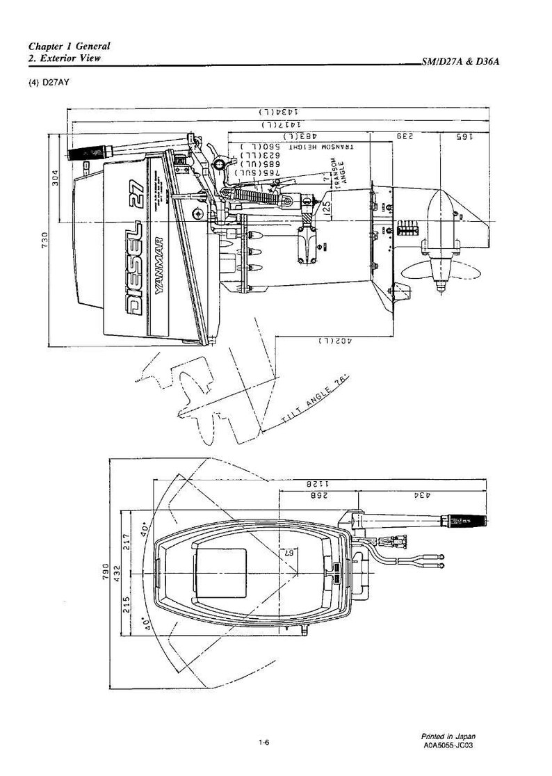 Op de afbeelding: Technische tekening van een Yanmar Diesel 27 scheepsmotor, met bovenaanzicht en zijaanzicht, afmetingen in millimeters. Inclusief afmetingen, hoeken en labels voor motoronderdelen. Getiteld "Hoofdstuk 1 Algemeen, 2. Buitenaanzicht."