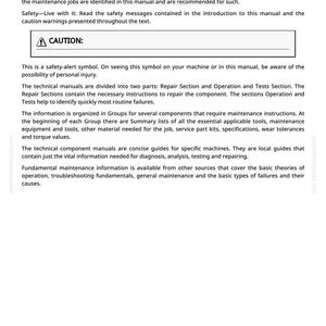May include: A white page from a manual, titled "Foreword", detailing the manual's use and safety advice. A "CAUTION" symbol is shown, alongside technical instructions and maintenance information.