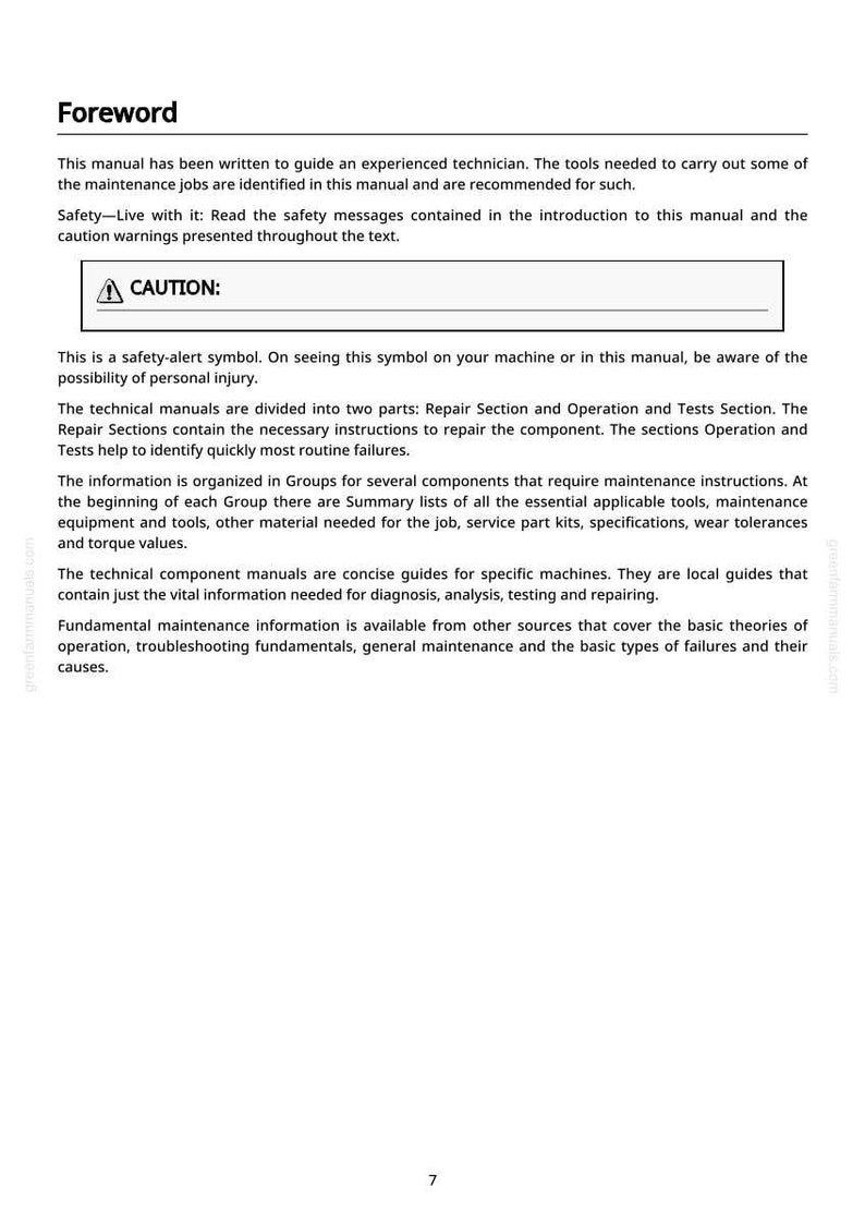 May include: A white page from a manual, titled "Foreword", detailing the manual's use and safety advice. A "CAUTION" symbol is shown, alongside technical instructions and maintenance information.