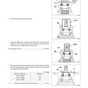 May include: Diagram of a swing motor disassembly and assembly process. The image includes detailed illustrations of components like belleville springs, outer races, bearings, and spacers. Text provides instructions and measurements in millimeters for the assembly.