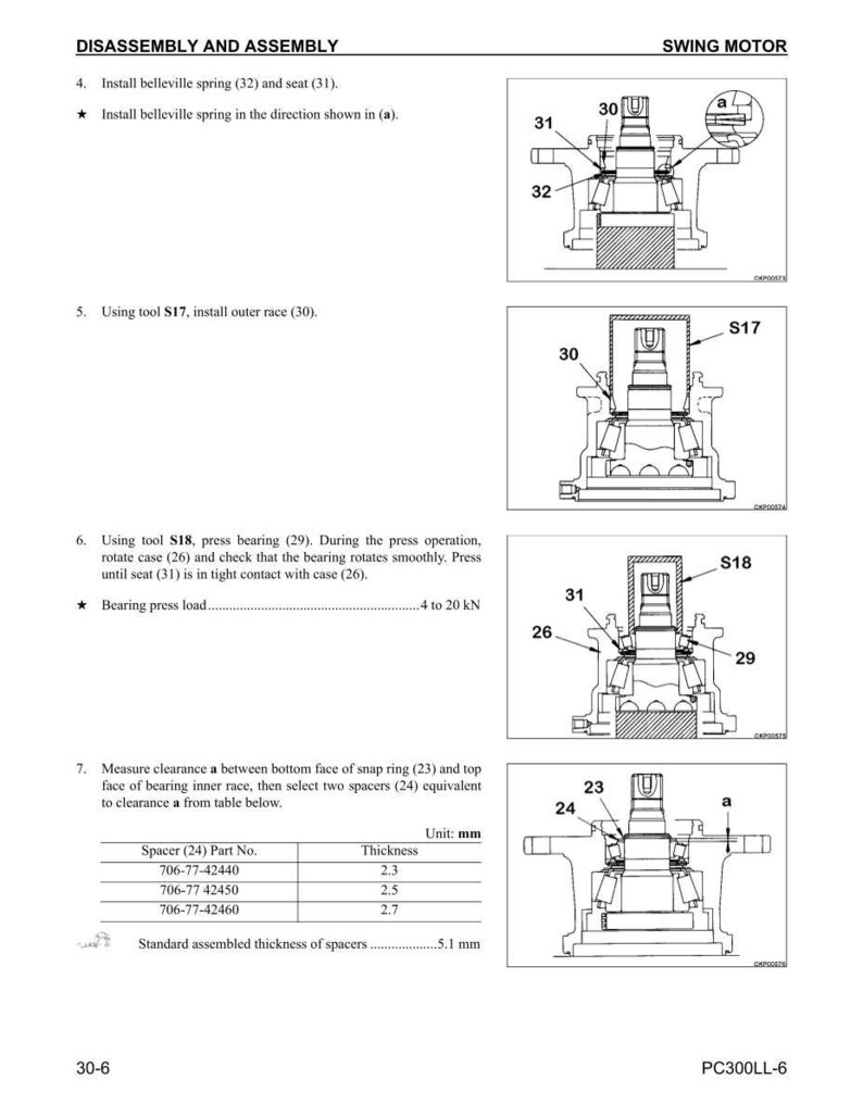May include: Diagram of a swing motor disassembly and assembly process. The image includes detailed illustrations of components like belleville springs, outer races, bearings, and spacers. Text provides instructions and measurements in millimeters for the assembly.