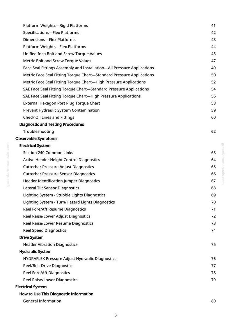 May include: A page from a manual with a table of contents. The text includes topics like "Platform Weights," "Diagnostics," and "Electrical System." Page numbers are listed on the right side.