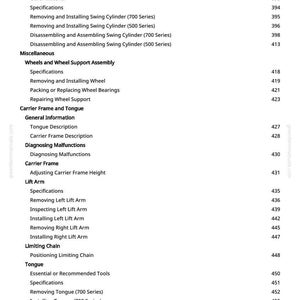 May include: A white page from a manual with a table of contents. The text includes sections on lift cylinders, swing cylinders, wheels, and lift arms. Page numbers are listed on the right side.
