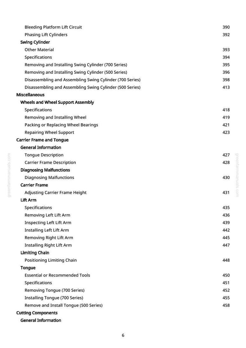 May include: A white page from a manual with a table of contents. The text includes sections on lift cylinders, swing cylinders, wheels, and lift arms. Page numbers are listed on the right side.