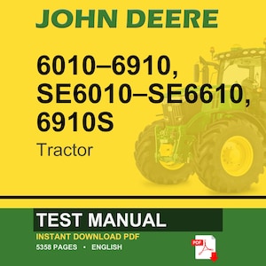 Pode incluir: Um trator John Deere &eacute; apresentado em um fundo amarelo. A imagem inclui o texto "JOHN DEERE" em verde, n&uacute;meros de modelo e a palavra "Tractor". Abaixo, uma faixa verde diz "TEST MANUAL" e "INSTANT DOWNLOAD PDF."
