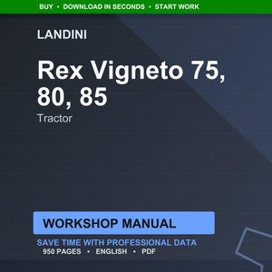 Puede incluir: Manual de taller digital para tractores Landini Rex Vigneto, modelos 75, 80 y 85. El t&iacute;tulo est&aacute; en texto blanco grande sobre un fondo azul oscuro. El manual tiene 950 p&aacute;ginas y est&aacute; en ingl&eacute;s.