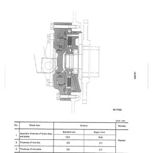 K&ouml;nnte beinhalten: Technische Zeichnung einer Bremsbaugruppe mit detaillierter Querschnittsansicht. Das Bild enth&auml;lt eine Tabelle mit Messungen in Millimetern f&uuml;r die Dicke der Bremsscheiben und -bel&auml;ge sowie Reparaturwerte. Das Wort "BREMSE" steht oben.