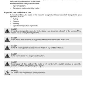 May include: A page from a tractor manual with the Argo Tractors logo. The text includes safety warnings, technical notes, and instructions for use. The manual details safe operation and limitations.