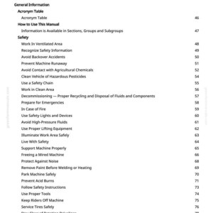 May include: A white page with a black Table of Contents. The table lists safety topics such as "Work in Ventilated Area", "Avoid Backover Accidents", and "Prevent Machine Runaway". Page numbers are on the right.