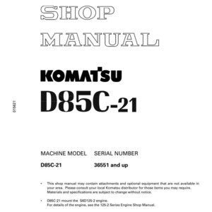 May include: A white shop manual with the text "SHOP MANUAL" in a bold, outlined font. The Komatsu logo and "D85C-21" are prominently displayed. Includes machine model and serial number information. The manual is printed in Japan.