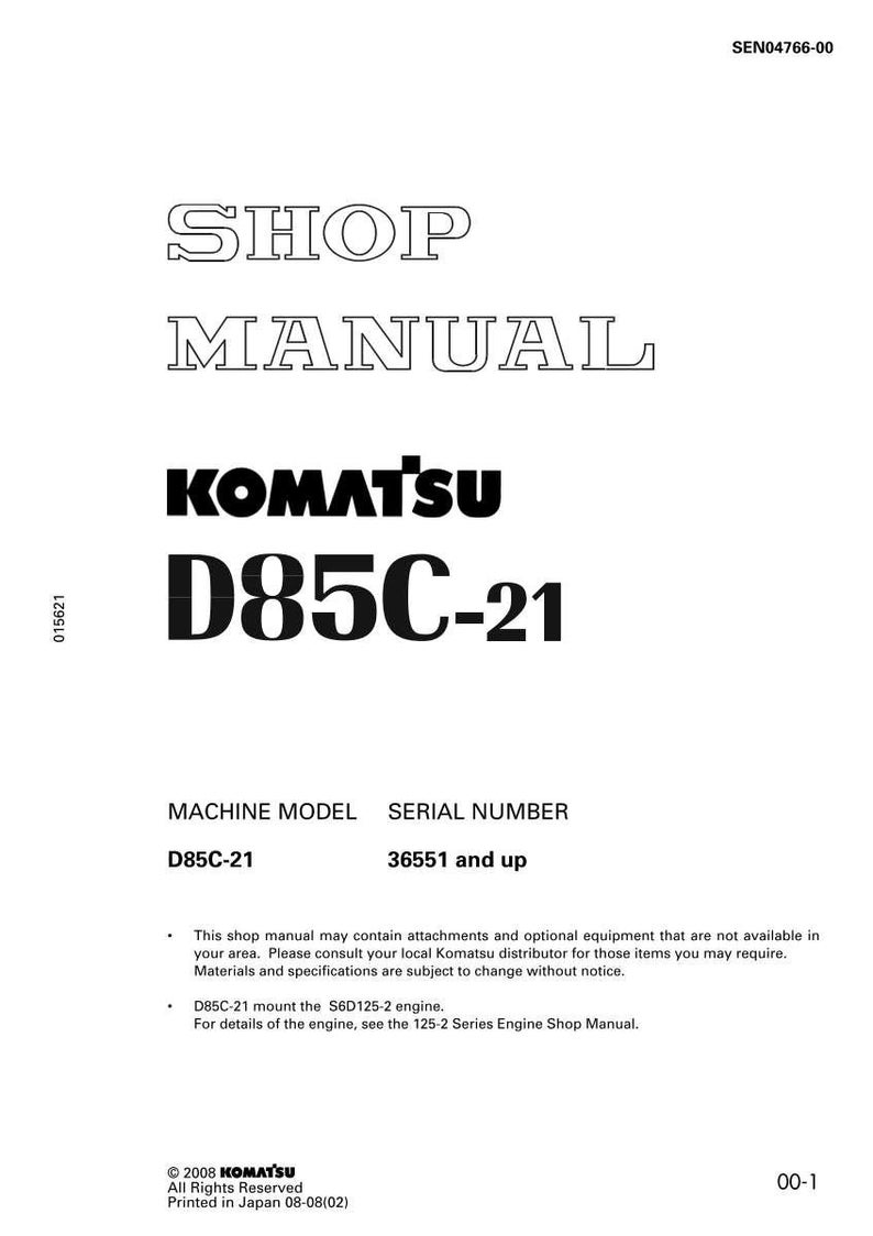 May include: A white shop manual with the text "SHOP MANUAL" in a bold, outlined font. The Komatsu logo and "D85C-21" are prominently displayed. Includes machine model and serial number information. The manual is printed in Japan.