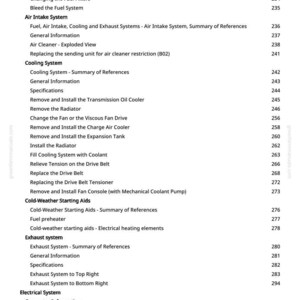 Może przedstawiać: Strona z instrukcji greenfarmmanuals.com, zawierająca listę procedur naprawy samochod&oacute;w. Tematy obejmują układ paliwowy, wlot powietrza, układ chłodzenia, układ wydechowy i układ elektryczny. Numery stron są wymienione po prawej stronie.