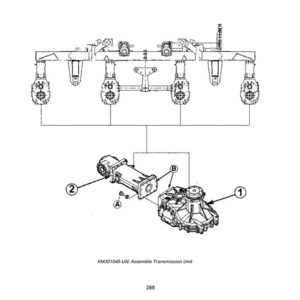 May include: Line drawing of an assembly transmission unit. The image shows various mechanical components, including a gearbox and other parts, with labels and connecting lines. The text "KM301045-UN: Assemble Transmission Unit" is also present.