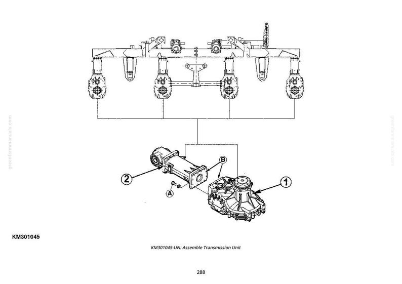 May include: Line drawing of an assembly transmission unit. The image shows various mechanical components, including a gearbox and other parts, with labels and connecting lines. The text "KM301045-UN: Assemble Transmission Unit" is also present.