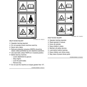 May include: Two sets of safety labels with black and white pictograms. The labels include warnings about operator training, reading manuals, and avoiding injury. The text "Help Avoid Injury" is at the top of each set of labels.