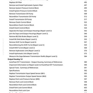 May include: A page from a manual with a list of automotive repair procedures, including replacing sensors, filters, and pumps. The text is black on a white background, with page numbers on the right.