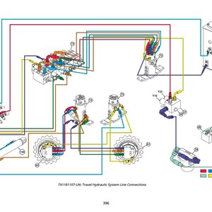 May include: Diagram of a travel hydraulic system with colored lines connecting various components. The diagram includes text that reads "TX1181107-UN: Travel Hydraulic System Line Connections".