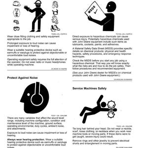 May include: A safety manual page with black and white illustrations and text. Topics include wearing protective clothing, handling chemicals safely, protecting against noise, and servicing machines safely. The page has the title "Safety".
