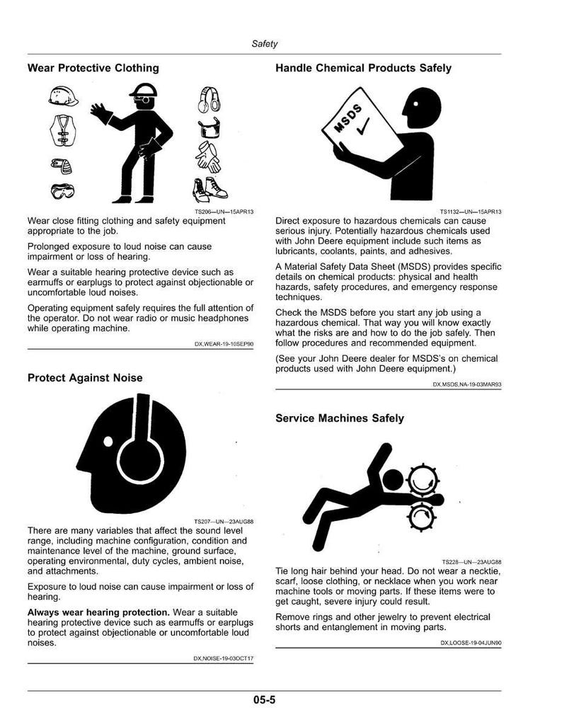 May include: A safety manual page with black and white illustrations and text. Topics include wearing protective clothing, handling chemicals safely, protecting against noise, and servicing machines safely. The page has the title "Safety".
