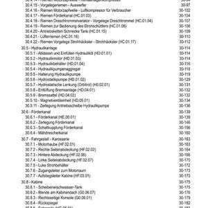 May include: A detailed table of contents in German, listing various components and systems of a machine or vehicle. Includes sections on the engine, hydraulics, and cabin, with corresponding page numbers for easy reference.