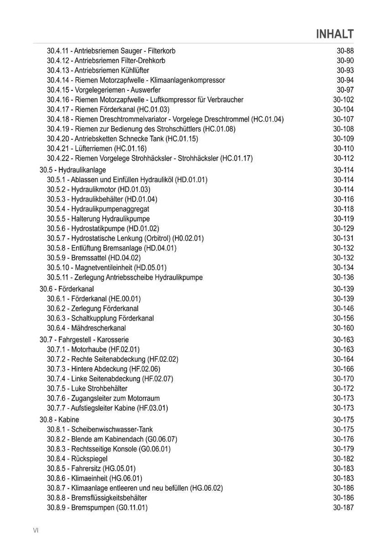 May include: A detailed table of contents in German, listing various components and systems of a machine or vehicle. Includes sections on the engine, hydraulics, and cabin, with corresponding page numbers for easy reference.