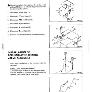 May include: Diagram of accumulator charge valve assembly with instructions for removal and installation. Includes steps for disconnecting hoses and tubes, and refilling with oil. Text includes "DISASSEMBLY AND ASSEMBLY" and "ACCUMULATOR CHARGE VALVE".
