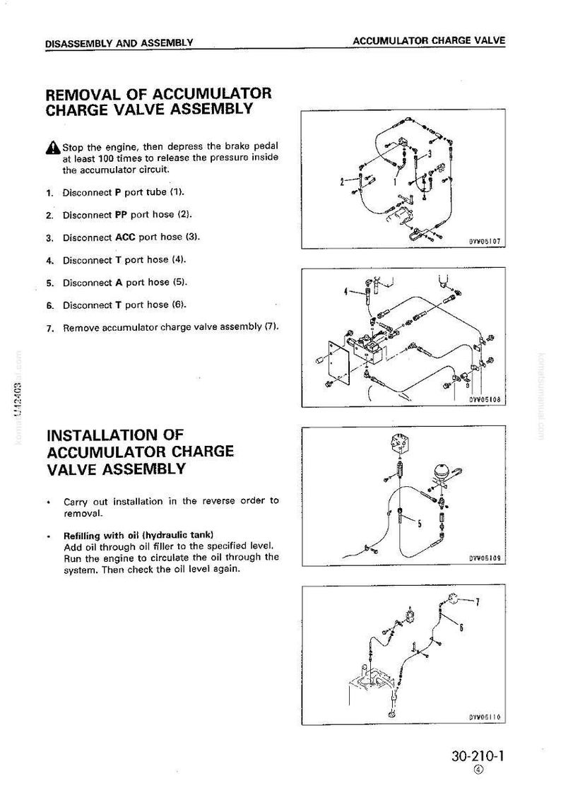 May include: Diagram of accumulator charge valve assembly with instructions for removal and installation. Includes steps for disconnecting hoses and tubes, and refilling with oil. Text includes "DISASSEMBLY AND ASSEMBLY" and "ACCUMULATOR CHARGE VALVE".