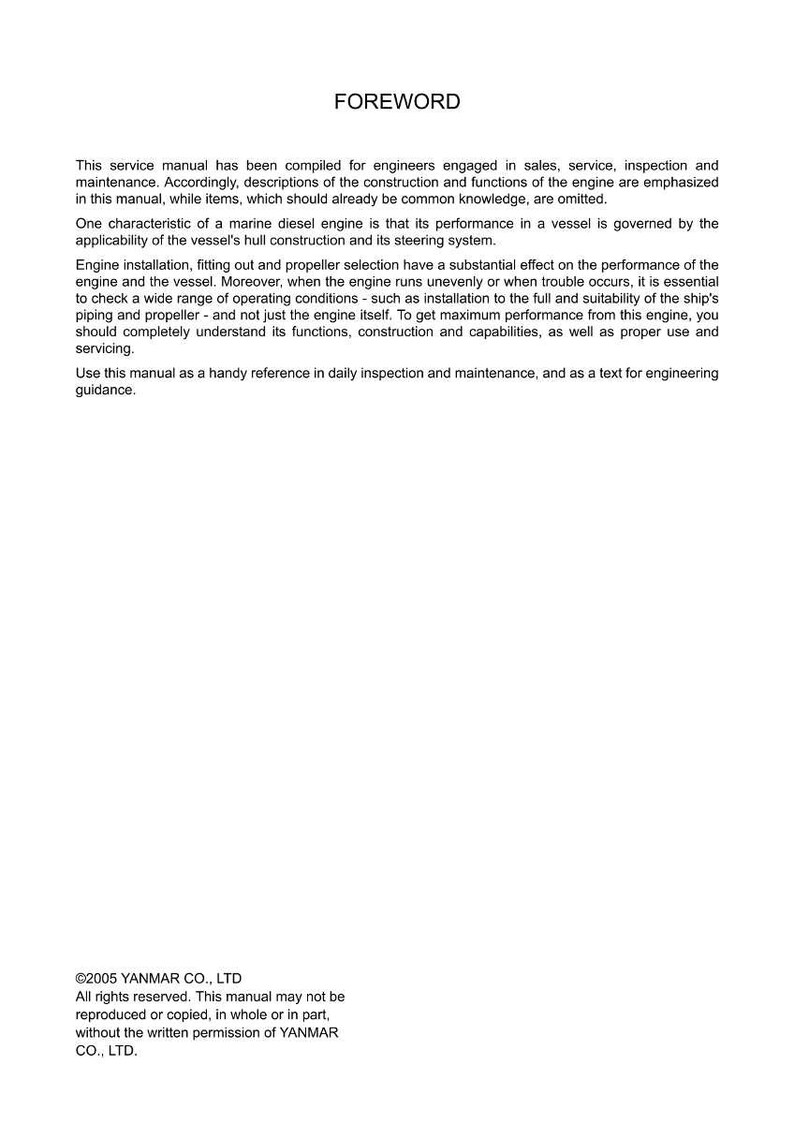 Pu&ograve; includere: Un manuale di servizio intitolato "FOREWORD" su sfondo bianco, destinato agli ingegneri. Dettaglia la manutenzione, la costruzione e le funzioni dei motori. Il testo tratta dei motori diesel marini e delle loro prestazioni.