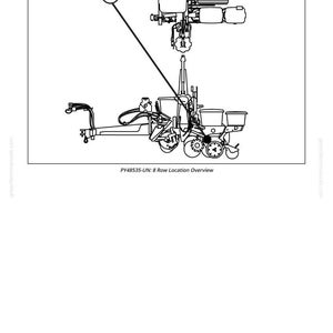 May include: Black and white line drawing of an agricultural machine, likely a planter, with multiple components. The image includes the text "PY48535-UN: 8 Row Location Overview."
