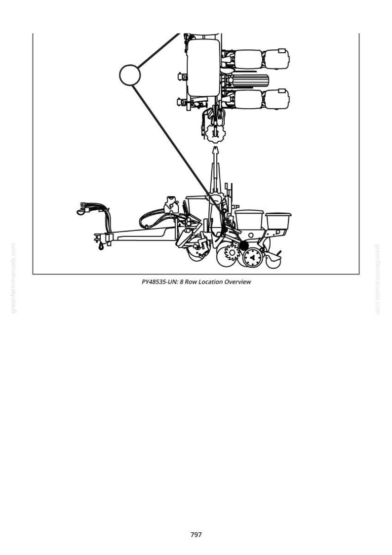 May include: Black and white line drawing of an agricultural machine, likely a planter, with multiple components. The image includes the text "PY48535-UN: 8 Row Location Overview."