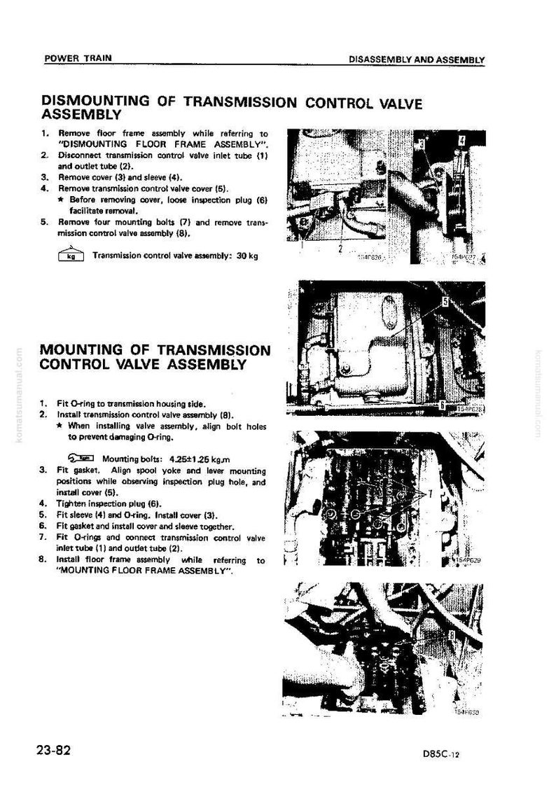 May include: A page from a manual detailing the disassembly and assembly of a transmission control valve. The text includes instructions, diagrams, and measurements in kilograms. The manual is titled "Power Train" and includes the text "Dismounting of Transmission Control Valve Assembly."