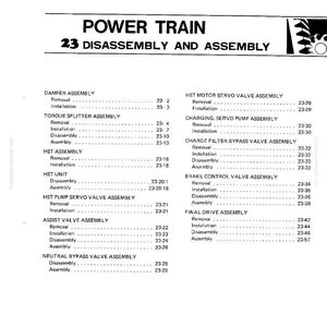 Op de afbeelding: Een gedetailleerd technisch diagram met de titel "POWER TRAIN 23 DISASSEMBLY AND ASSEMBLY". Het document bevat verschillende assemblages, waaronder Damper, Torque Splitter, HST en Brake Control Valve, met bijbehorende verwijderings-, installatie-, demontage- en montage-instructies.