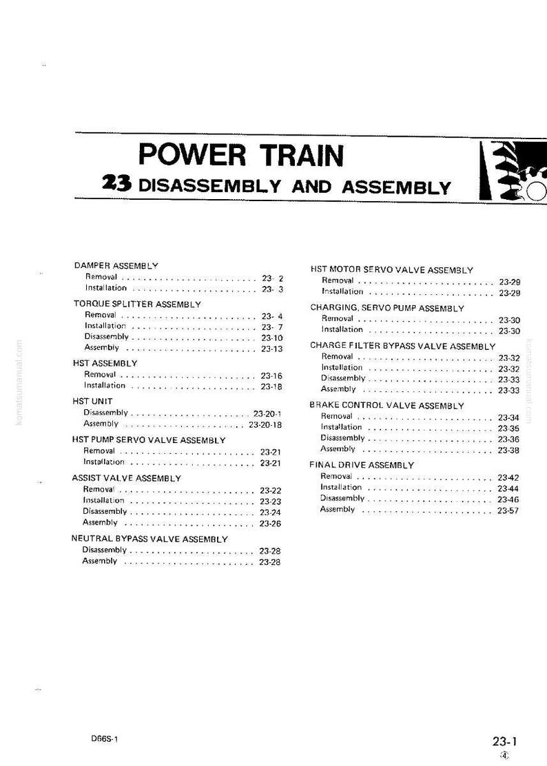 Op de afbeelding: Een gedetailleerd technisch diagram met de titel "POWER TRAIN 23 DISASSEMBLY AND ASSEMBLY". Het document bevat verschillende assemblages, waaronder Damper, Torque Splitter, HST en Brake Control Valve, met bijbehorende verwijderings-, installatie-, demontage- en montage-instructies.