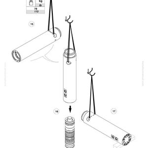 May include: An engineering diagram shows three cylindrical components suspended by ropes, with a smaller component being inserted into a larger one. The diagram includes weight information: 52 kg / 78 lb and 172 lb.