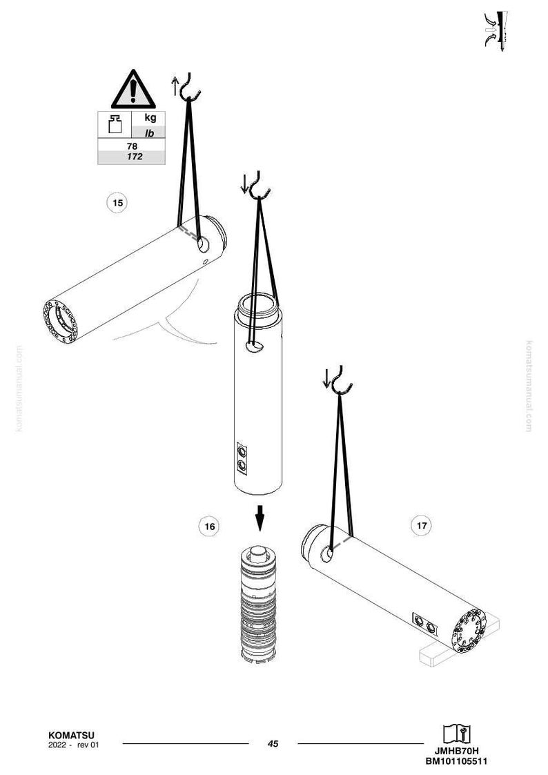 May include: An engineering diagram shows three cylindrical components suspended by ropes, with a smaller component being inserted into a larger one. The diagram includes weight information: 52 kg / 78 lb and 172 lb.
