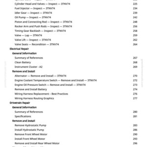 Pu&ograve; includere: Una pagina di manuale con un sommario per la riparazione del motore. Il testo include sezioni su albero motore, alesaggio del cilindro, iniettore di carburante e riparazione elettrica. I numeri di pagina sono elencati.