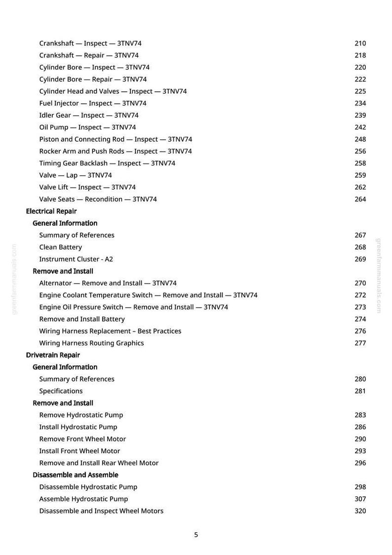 Pu&ograve; includere: Una pagina di manuale con un sommario per la riparazione del motore. Il testo include sezioni su albero motore, alesaggio del cilindro, iniettore di carburante e riparazione elettrica. I numeri di pagina sono elencati.