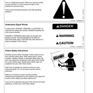 May include: A white manual page with the title "Safety" at the top. The page includes safety alert symbols, and the words "DANGER", "WARNING", and "CAUTION" in black text. A stick figure is reading a manual.