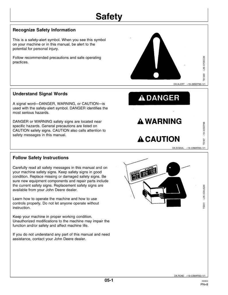 May include: A white manual page with the title "Safety" at the top. The page includes safety alert symbols, and the words "DANGER", "WARNING", and "CAUTION" in black text. A stick figure is reading a manual.