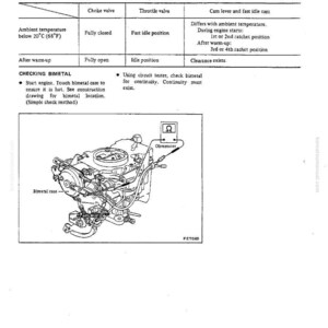 Puede incluir: Diagrama t&eacute;cnico de un procedimiento de ajuste del motor, con instrucciones para verificar el mecanismo de estrangulador autom&aacute;tico y los componentes bimet&aacute;licos. La imagen incluye una ilustraci&oacute;n detallada de un componente del motor.