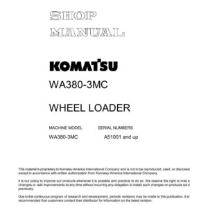 K&ouml;nnte beinhalten: Ein wei&szlig;es Shop-Handbuch-Cover mit dem Komatsu-Logo und dem Text "WA380-3MC WHEEL LOADER". Das Handbuch enth&auml;lt Informationen zu Maschinenmodell und Seriennummer. Das Dokument ist datiert September 1999.