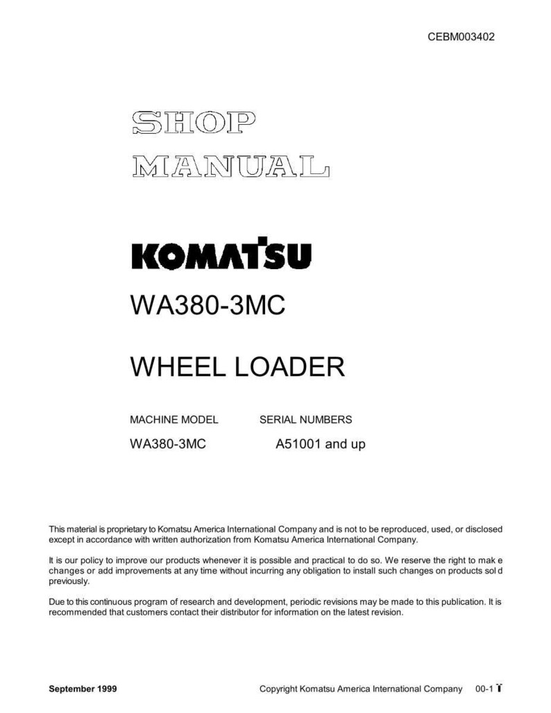 K&ouml;nnte beinhalten: Ein wei&szlig;es Shop-Handbuch-Cover mit dem Komatsu-Logo und dem Text "WA380-3MC WHEEL LOADER". Das Handbuch enth&auml;lt Informationen zu Maschinenmodell und Seriennummer. Das Dokument ist datiert September 1999.