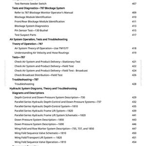 Op de afbeelding: Een pagina uit een handleiding met een gedetailleerde inhoudsopgave. De tekst is georganiseerd in secties zoals "Tests en diagnostiek", "Luchtsysteemwerking" en "Hydraulische systeemdiagrammen". Elke sectie bevat verschillende tests, beschrijvingen en diagrammen.