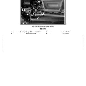 Op de afbeelding: Diagram van een thermostaatschakelaar met gelabelde componenten. De afbeelding bevat een voelbulb, thermostaatschakelaar, push-pull kabel en verdamper. De tekst bovenaan luidt "Thermostat Switch". Het modelnummer LX1031776 is ook zichtbaar.