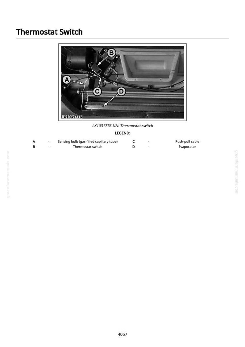 Op de afbeelding: Diagram van een thermostaatschakelaar met gelabelde componenten. De afbeelding bevat een voelbulb, thermostaatschakelaar, push-pull kabel en verdamper. De tekst bovenaan luidt "Thermostat Switch". Het modelnummer LX1031776 is ook zichtbaar.