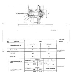 Pode incluir: Diagrama t&eacute;cnico de um rolo de esteira, rotulado como "TRACK ROLLER". Inclui medidas em mil&iacute;metros, como uma largura de flange de 10,5 mm e uma largura de banda de rodagem de 26,5 mm. O diagrama tamb&eacute;m inclui uma tabela com especifica&ccedil;&otilde;es.